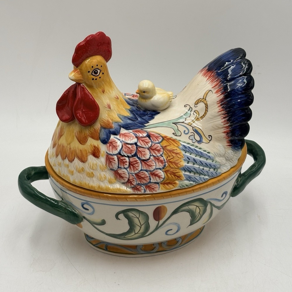 FITZ AND FLOYD RICAMO Hen Chicken On Nest Easter Gift Covered Dish Turine